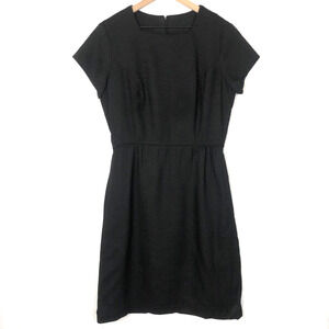 VTG Linen Midi Dress Sz L 40" Black‎ Classic Pockets Lined Piping Short Sleeve